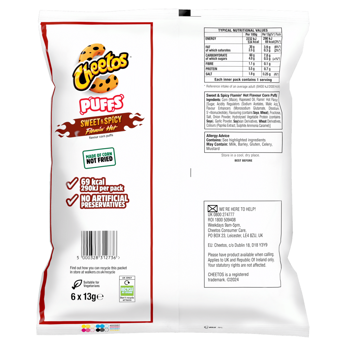 Cheetos Puffs Sweet & Spicy Multipack Snacks Crisps 6x13g