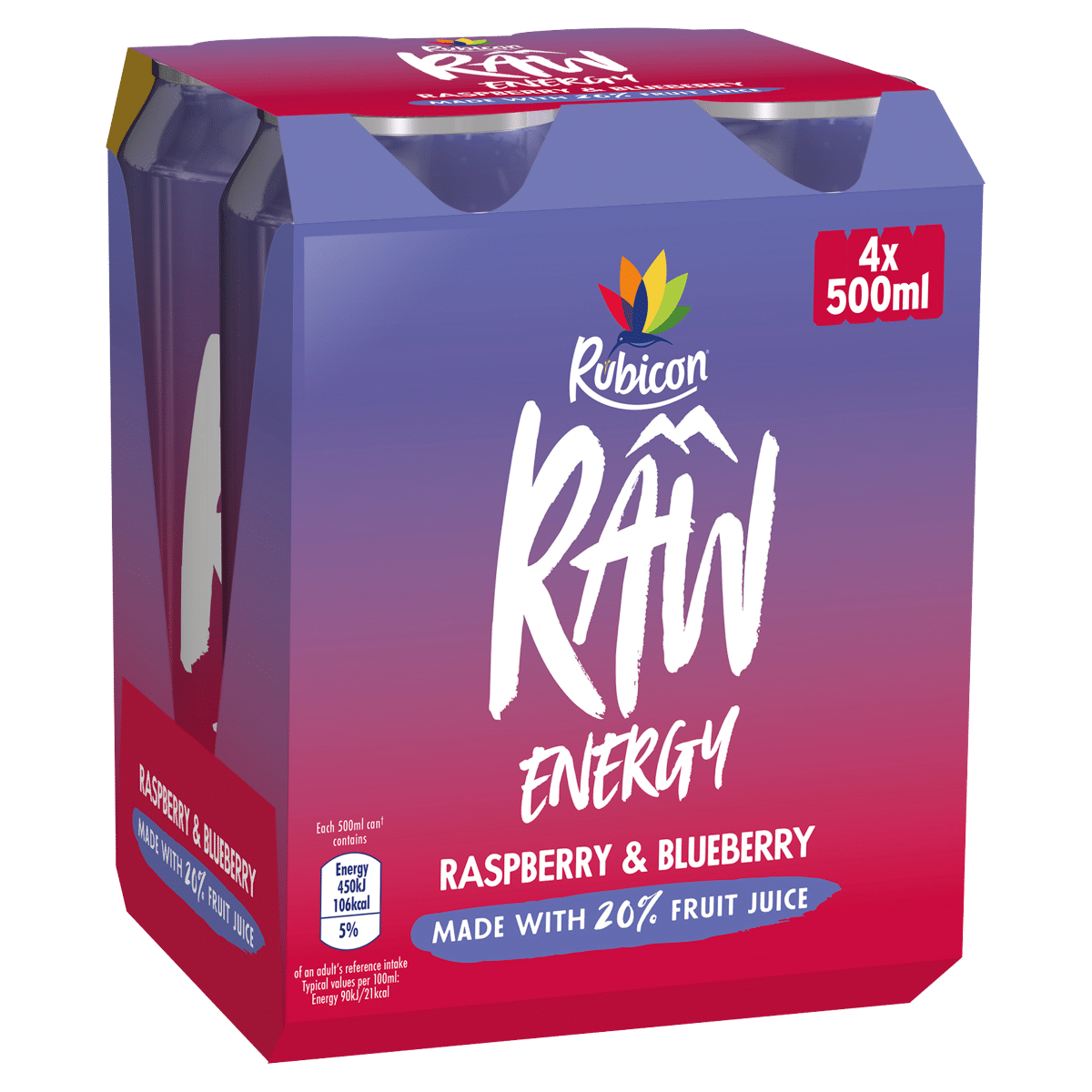 Rubicon RAW Energy Drink Raspberry & Blueberry 4 x 500ml