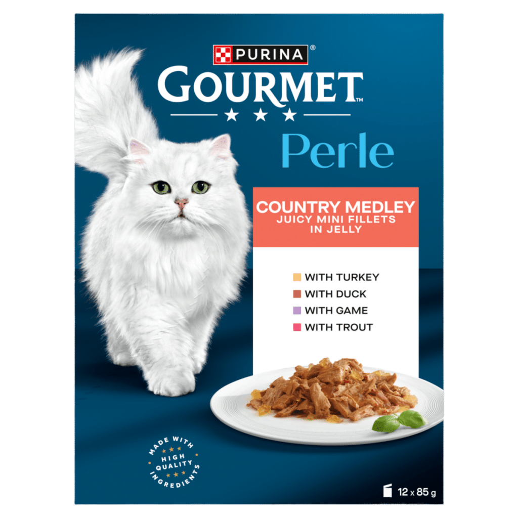 GOURMET Perle Mini Fillets in Jelly Country Medley (Turkey,Trout,Duck,Game) Wet Cat Food 12x85g