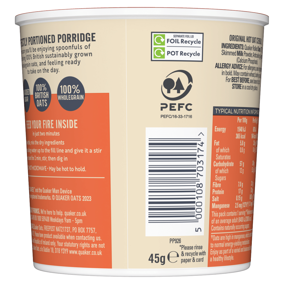 Quaker Oat Original Porridge Pot 45g