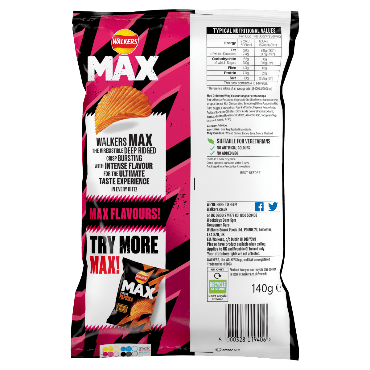 Walkers Max Strong Hot Chicken Wings Sharing Crisps 140g
