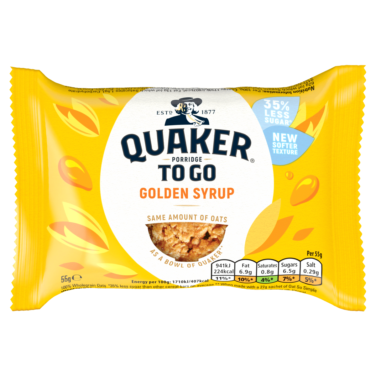 Quaker Porridge To Go Golden Syrup Breakfast Bar 55g