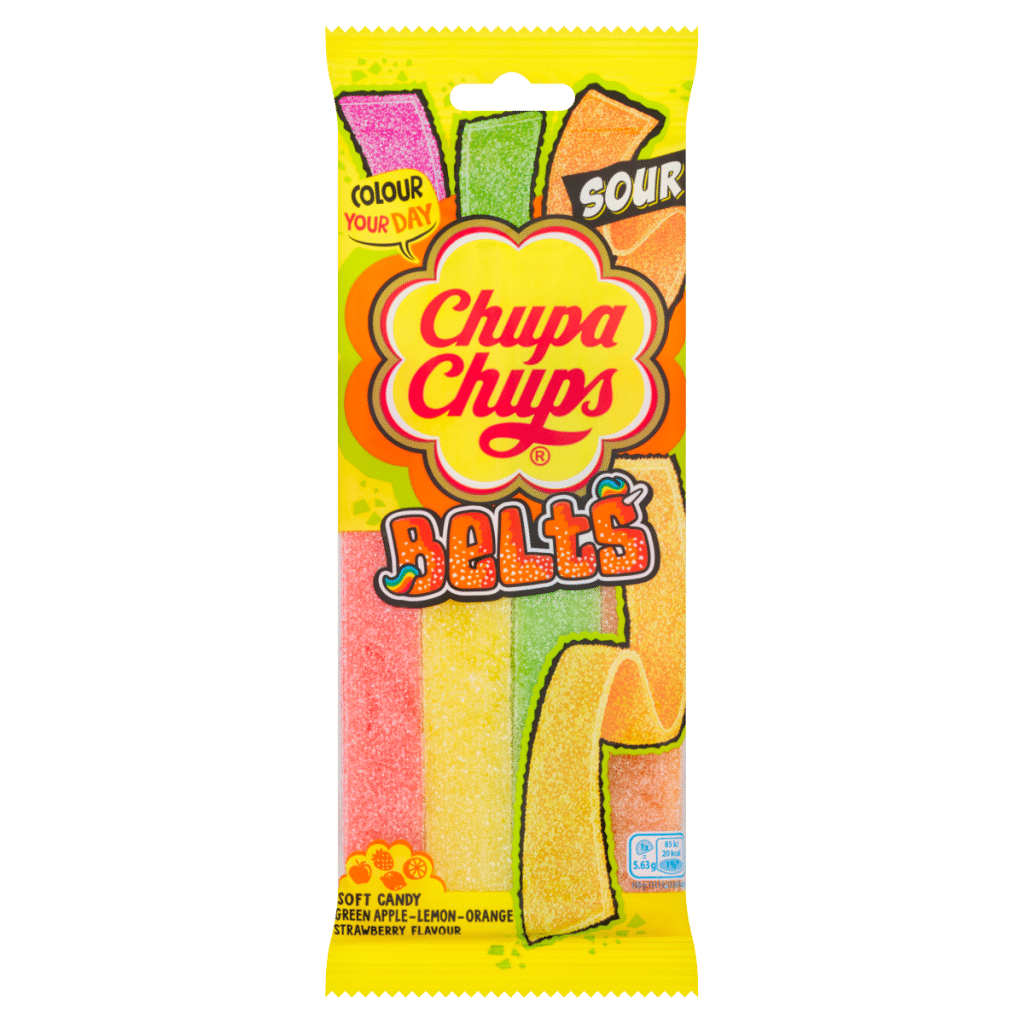 Chupa Chups Green Apple-Lemon-Orange Strawberry Flavour Soft Candy Belts 90g