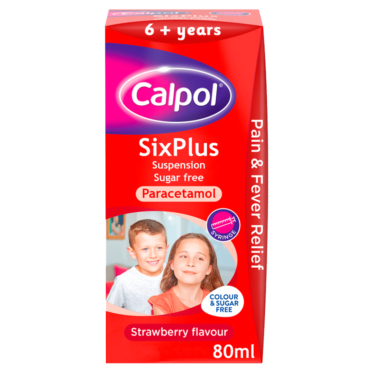 Calpol SixPlus Sugar Free Suspension, Paracetamol Medication, 6+ Years, Strawberry Flavour, 80ml