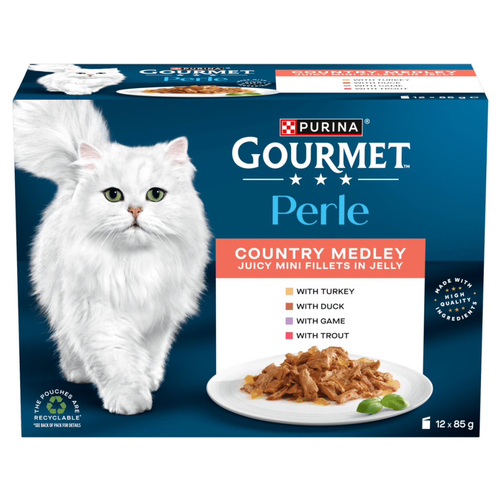 GOURMET Perle Mini Fillets in Jelly Country Medley (Turkey,Trout,Duck,Game) Wet Cat Food 12x85g