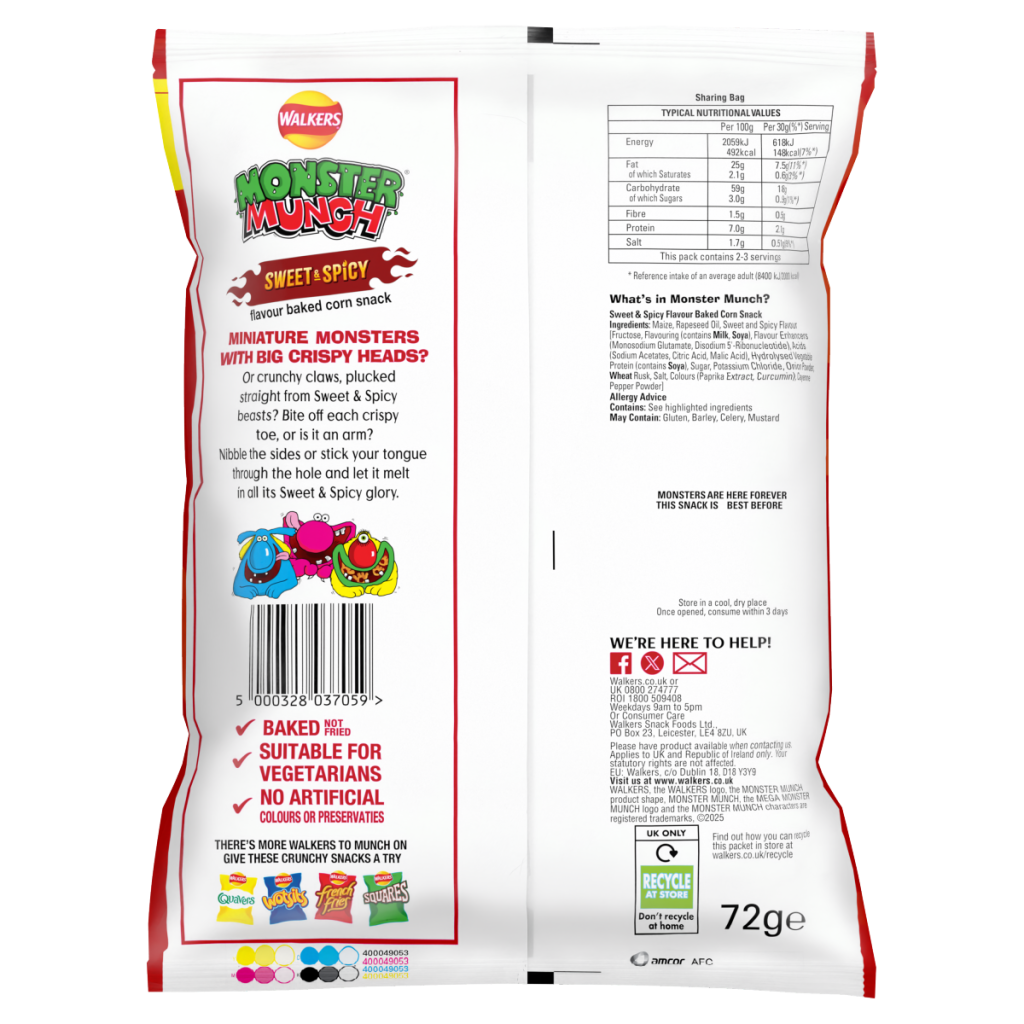 Walkers Monster Munch Sweet & Spicy Snacks RRP £1.35 PMP 72g