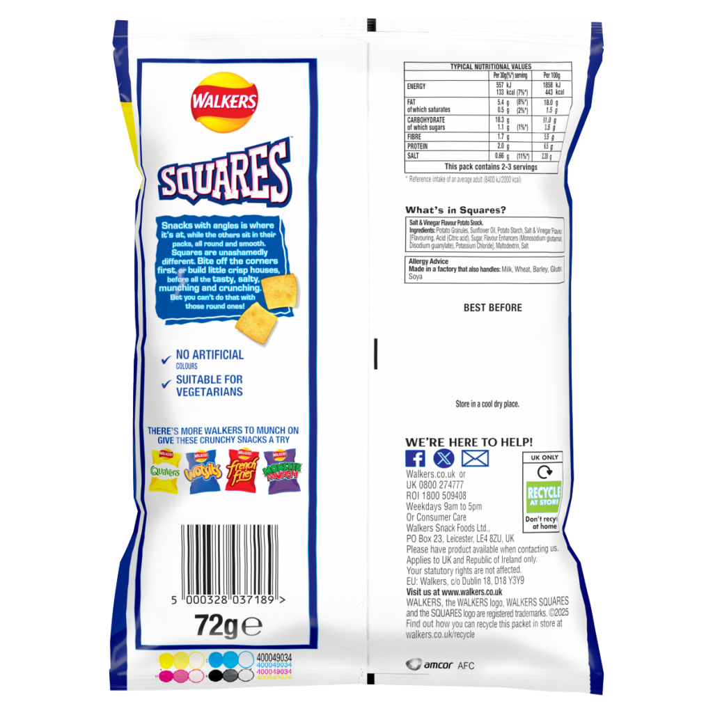 Walkers Squares Salt & Vinegar Crisps 72g PMP £1.35 RRP
