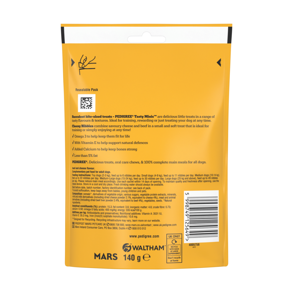 PEDIGREE® TASTY MINIS Adult Dog Treats Cheese & Beef Nibbles 140g